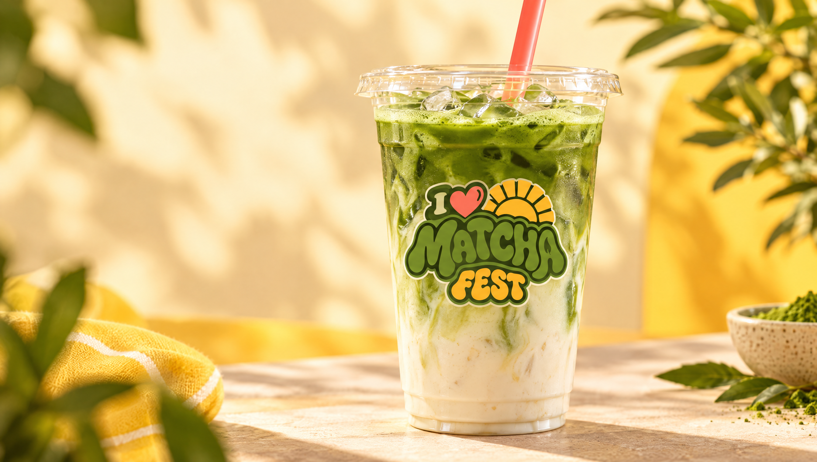 A sunny iced matcha latte with the I Love Matcha Fest logo